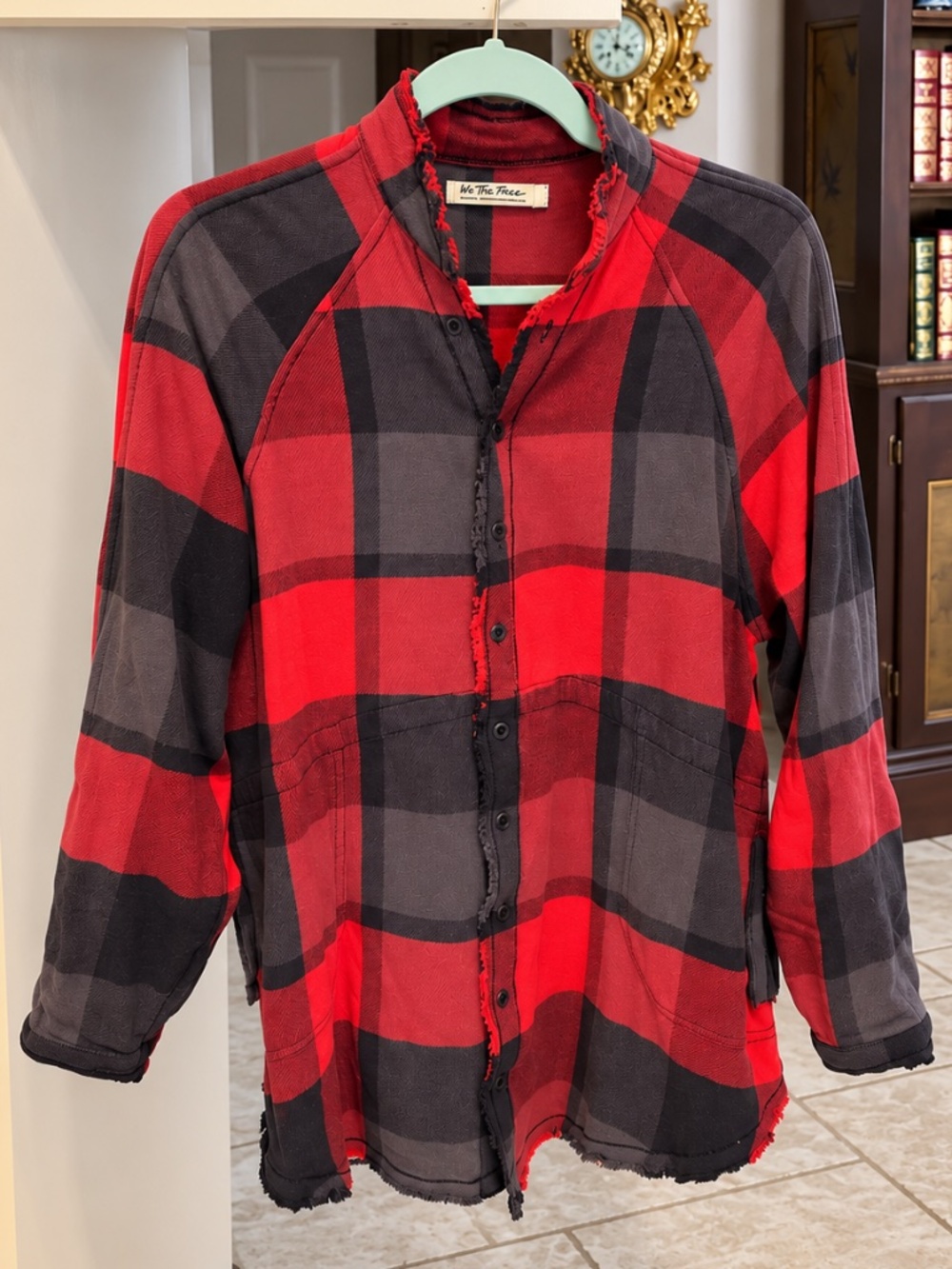 We The Free XS Daydream Red Plaid Shirt Top Long Sleeve Oversized Free People